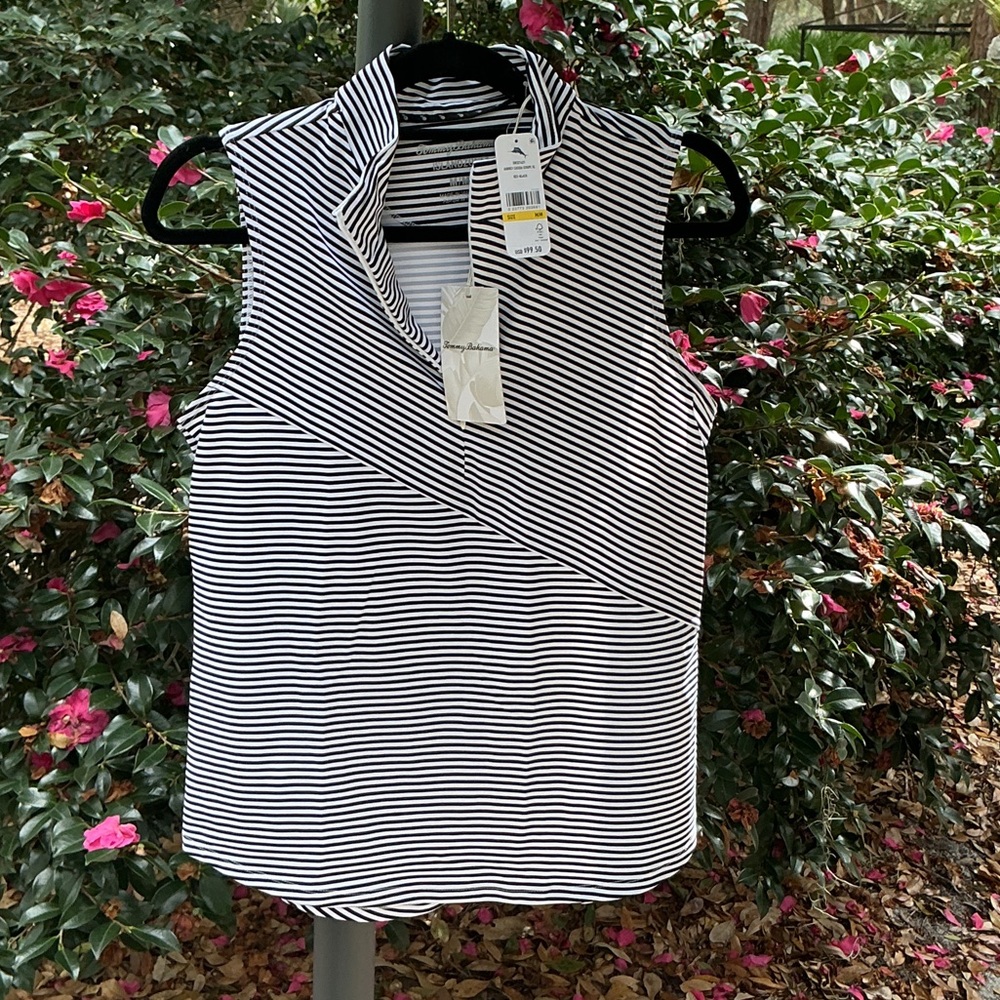 Tommy Bahama Black and White Striped Sleeveless Blouse Medium